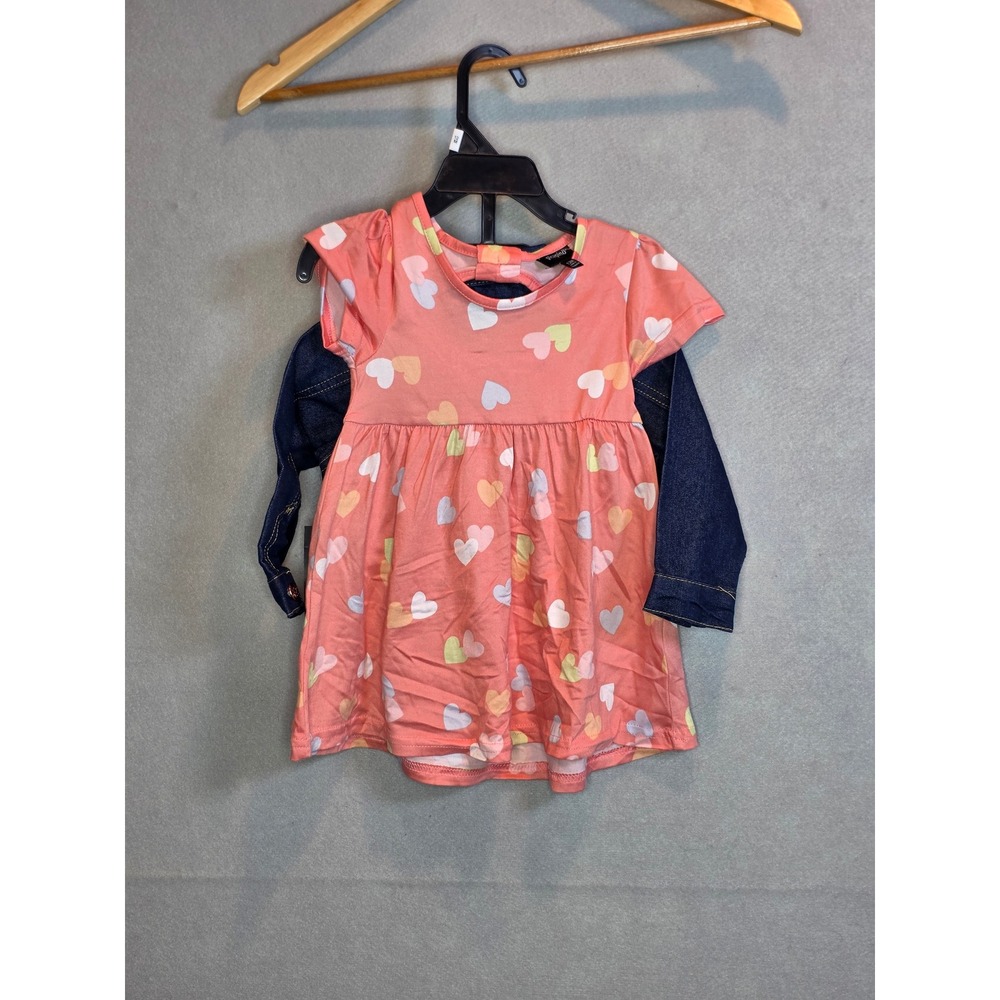 Picapino 12M Baby Girls 2 Piece Set Pink Heart Dress & Denim Jacket NWT